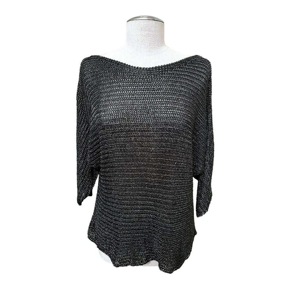 VINCE Women's Metallic Chainmail Top Knit 3/4 Sleeve Black Gray Size MEDIUM